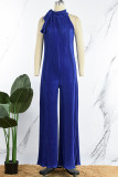 Casual Solid Patchwork Fold Ribbon Collar Straight Jumpsuits