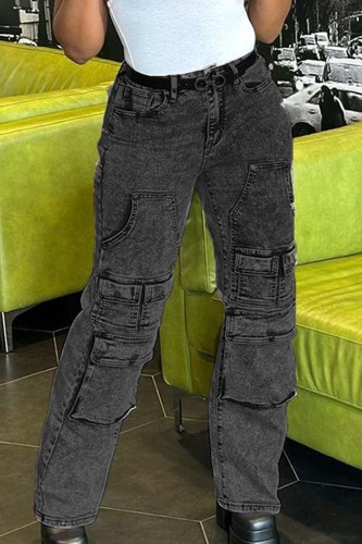 Casual Solid Patchwork High Waist Regular Denim Jeans