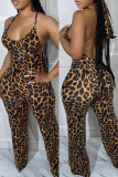 Sexy Casual Print Leopard Backless Spaghetti Strap Skinny Jumpsuits