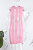 Sexy Solid Hollowed Out See-through O Neck Sleeveless Dress Dresses