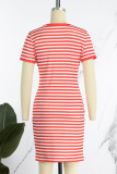 Casual Striped Print Patchwork V Neck One Step Skirt Dresses