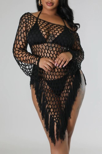 Sexy Solid Tassel Hollowed Out See-through Asymmetrical Swimwears Cover Up