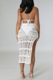 Sexy Solid Hollowed Out Patchwork Backless Slit Halter Sleeveless Two Pieces