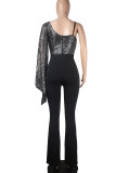 Sexy Solid Sequins Patchwork V Neck Straight Jumpsuits