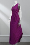 Elegant Solid Patchwork Fold Asymmetrical Oblique Collar Evening Dress Dresses