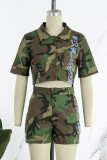 Casual Street Camouflage Print Patchwork Buckle Turndown Collar Short Sleeve Two Pieces