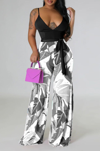 Sexy Print Patchwork Spaghetti Strap Straight Jumpsuits