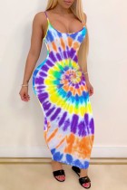 Sexy Print Tie Dye Backless Spaghetti Strap Long Dress Dresses