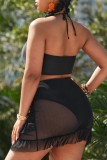 Sexy Solid Bandage Patchwork Backless Halter Plus Size Swimwear (With Paddings)