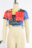 Casual Print Patchwork Draw String O Neck T-Shirts