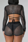 Sexy Party Hot Drilling See-through Hot Drill O Neck Long Sleeve Two Pieces