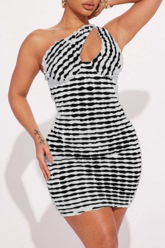 Sexy Striped Patchwork Backless Oblique Collar Dresses