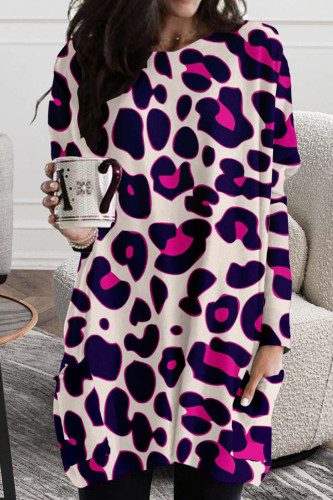 Casual Print Leopard Patchwork O Neck Irregular Dress Dresses