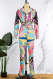 Casual Print Bandage Patchwork Buckle Turndown Collar Long Sleeve Two Pieces