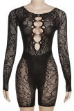 Sexy Solid Hollowed Out See-through O Neck Skinny Romper