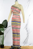 Sexy Striped Print Patchwork Backless Slit Oblique Collar Long Dress Dresses