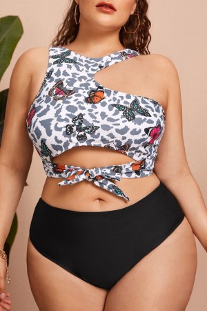 Sexy Butterfly Print Hollowed Out Frenulum O Neck Plus Size Swimwear (With Paddings)