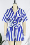 Casual Striped Print Basic Shirt Collar Short Sleeve Two Pieces