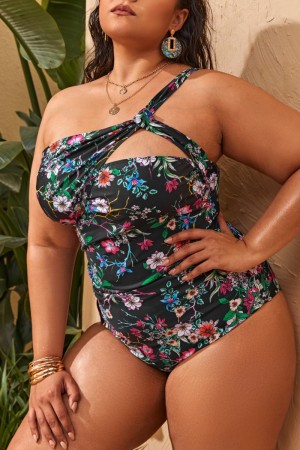Sexy Print Hollowed Out Backless One Shoulder Plus Size Swimwear (With Paddings)
