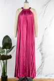 Casual Solid Pleated O Neck Long Dress (Without Belt)