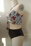 Sexy Butterfly Print Hollowed Out Frenulum O Neck Plus Size Swimwear (With Paddings)