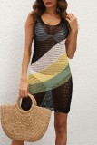 Sexy Patchwork Hollowed Out See-through Contrast Swimwears Beach Dress