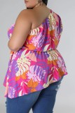 Casual Print Backless Oblique Collar Plus Size Tops