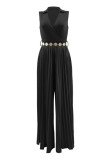 Casual Solid Patchwork Pleated V Neck Regular Jumpsuits