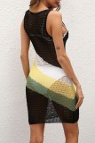 Sexy Patchwork Hollowed Out See-through Contrast Swimwears Beach Dress