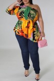 Casual Print Backless Oblique Collar Plus Size Tops
