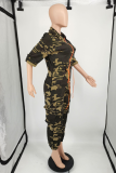 Casual Camouflage Print Draw String Zipper Collar Harlan Jumpsuits