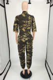 Casual Camouflage Print Draw String Zipper Collar Harlan Jumpsuits