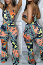 Sexy Print Bandage Patchwork Backless Spaghetti Strap Straight Jumpsuits