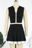 Casual Solid Patchwork Contrast Zipper Collar Sleeveless Two Pieces