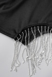 Sexy Party Solid Hot Drilling Tassel Sequined Spaghetti Strap Sleeveless Two Pieces