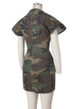 Street Camouflage Print Patchwork Pocket Buckle One Step Skirt Dresses