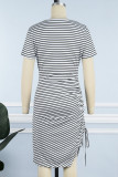Casual Striped Print Draw String Slit O Neck Short Sleeve Dress