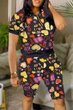 Casual Print Patchwork Zipper Collar Short Sleeve Two Pieces