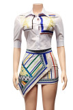 Sexy Print Patchwork Buckle Asymmetrical Turndown Collar Short Sleeve Two Pieces