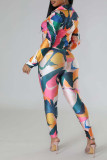 Casual Print Bandage Patchwork Buckle Asymmetrical Turndown Collar Long Sleeve Two Pieces
