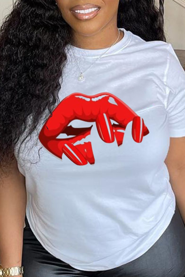 Casual Street Lips Printed Patchwork O Neck T-Shirts