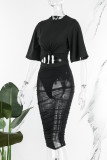 Sexy Solid Patchwork See-through O Neck Half Sleeve Two Pieces