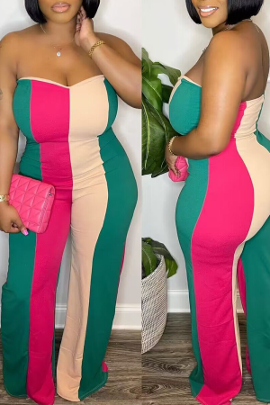 Sexy Striped Patchwork Strapless Boot Cut Jumpsuits