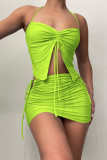 Sexy Solid Draw String Frenulum Backless Halter Sleeveless Two Pieces