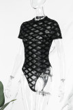 Sexy Solid Patchwork See-through O Neck Skinny Bodysuits