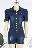 Casual Solid Patchwork Buttons Turndown Collar Short Sleeve Skinny Denim Jumpsuits