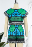 Casual Print Tassel Patchwork O Neck Short Sleeve Two Pieces