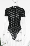 Sexy Solid Patchwork See-through O Neck Skinny Bodysuits