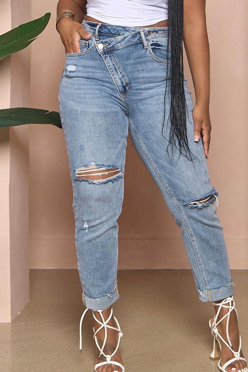 Street Solid Ripped High Waist Regular Denim Jeans