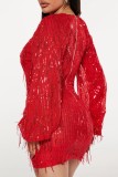 Casual Patchwork Tassel Sequins V Neck Long Sleeve Dresses